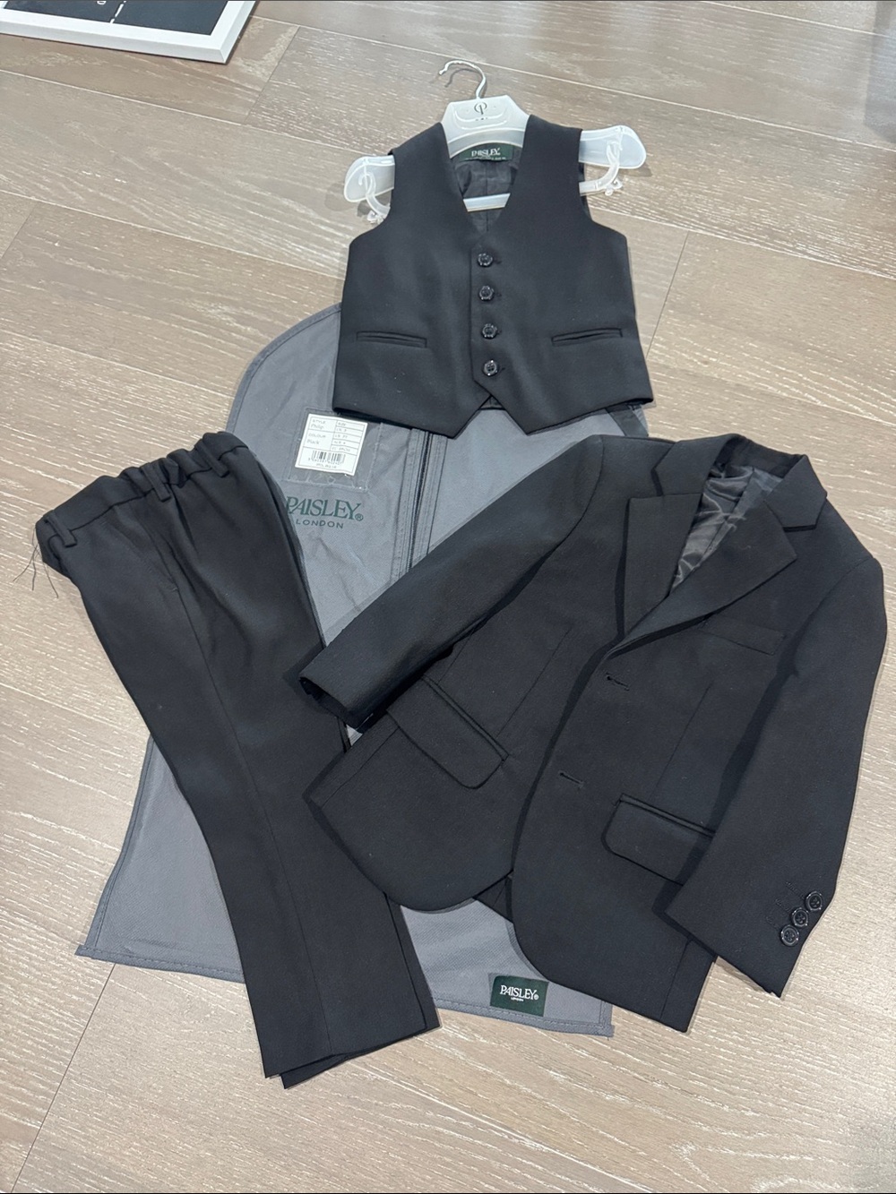 Paisley London Slim Boys Black Blazer, Waistcoat & Trousers Suit,White Shirt Set